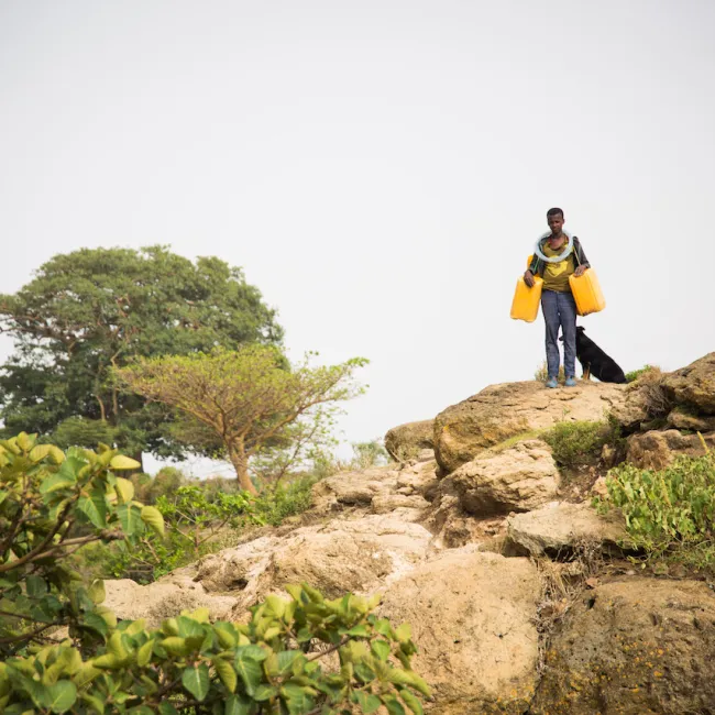 A person carrying water in jerry-cans on a mountain